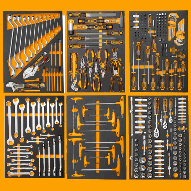 Collection of various tools including wrenches, screwdrivers, and pliers on a black background with orange border.