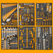 Collection of various tools including wrenches, screwdrivers, and pliers on a black background with orange border.