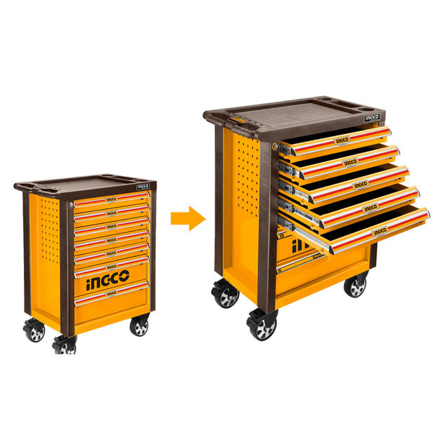 Orange tool cart with multiple drawers and 'INGCO' branding on a white background
