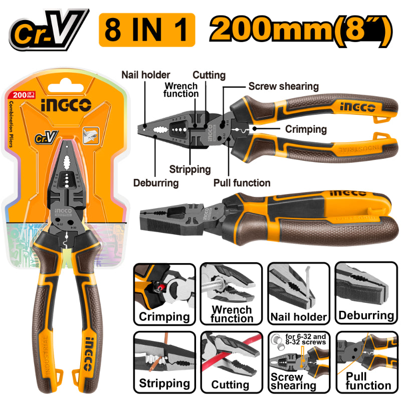 8-in-1 pliers set with packaging and feature illustrations on a white background