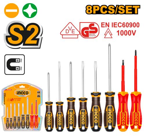 Set of screwdrivers with packaging and certification logos on a white background