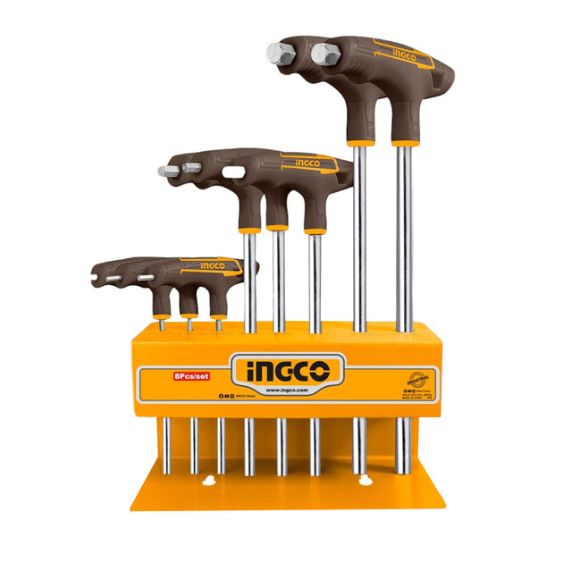 Set of hex keys with a holder on a white background, featuring the Ingco brand.