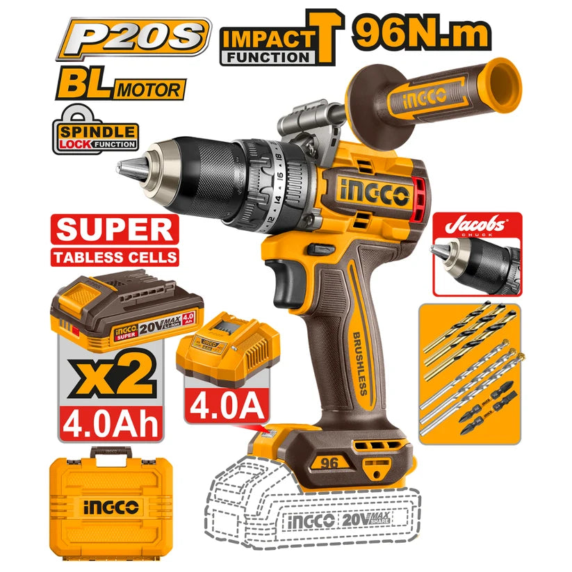 Ingco 96Nm Jacobs Chuck Drill (Kit) 20V CIDLI209689