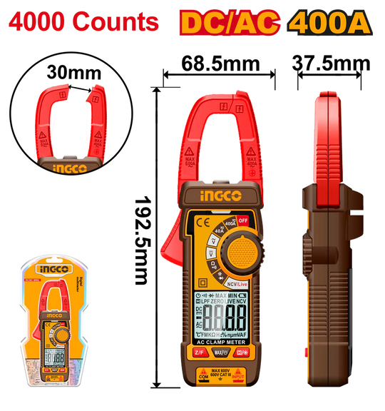 Digital clamp meter with dimensions and features highlighted, including '4000 Counts' and 'DC/AC 400A'.