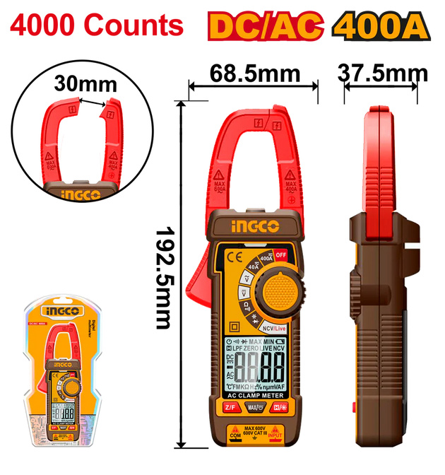 Digital clamp meter with dimensions and features highlighted, including '4000 Counts' and 'DC/AC 400A'.