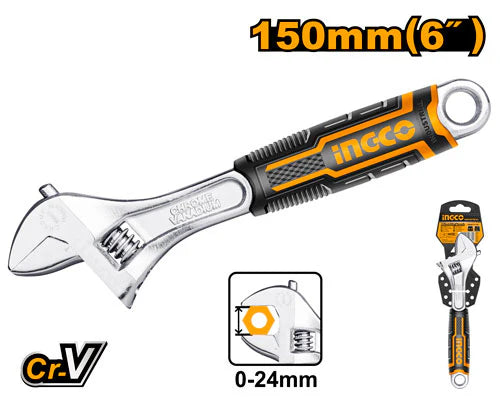 Adjustable wrench with Ingco branding on a white background
