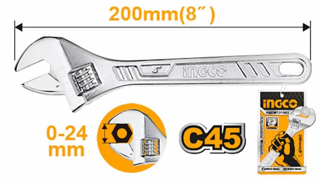 Inco adjustable wrench with measurements and packaging on a white background