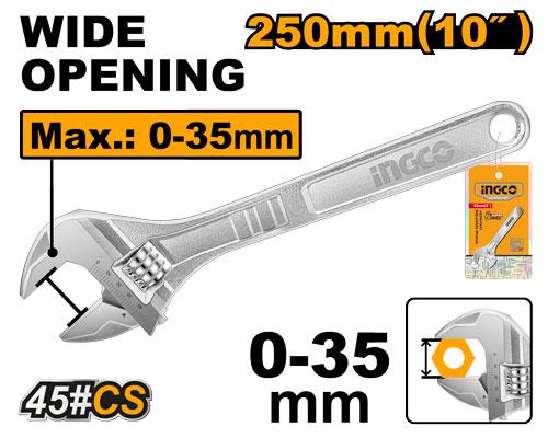 Ingco adjustable wrench with specifications on a white background