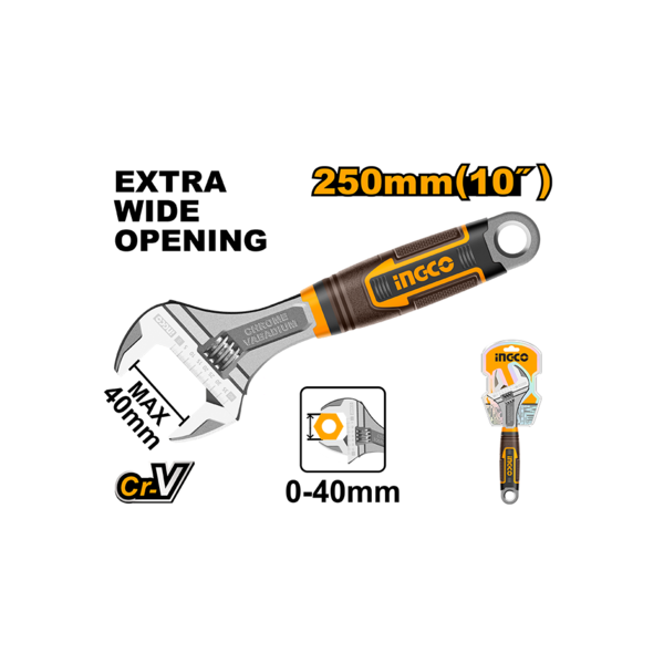 Adjustable wrench with specifications on a white background
