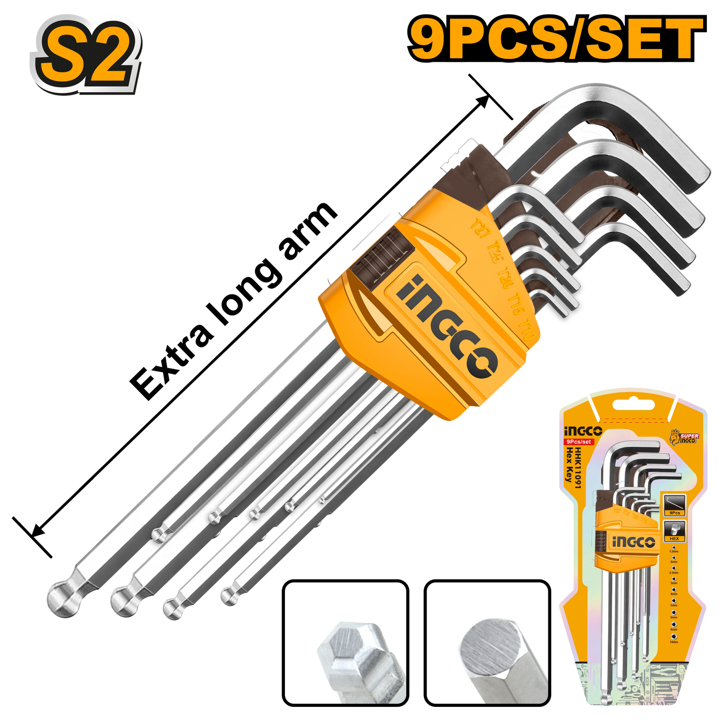 Set of 9 INGCO Allen wrenches with packaging on a white background