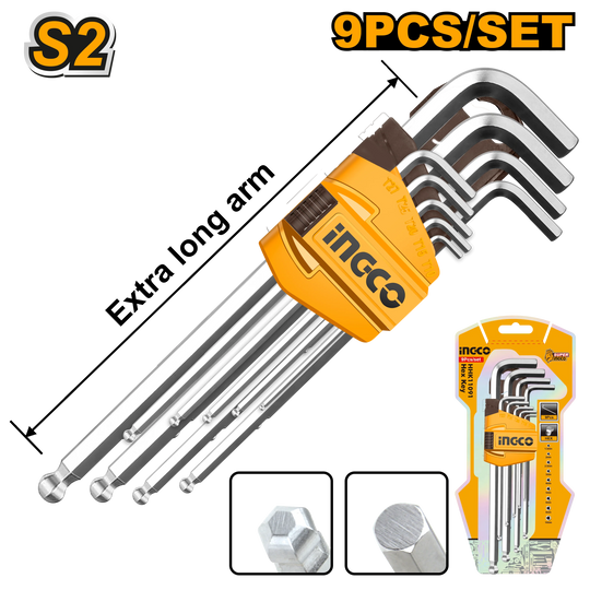 Set of 9 INGCO Allen wrenches with packaging on a white background