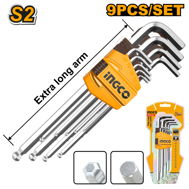 Set of 9 INGCO Allen wrenches with packaging on a white background