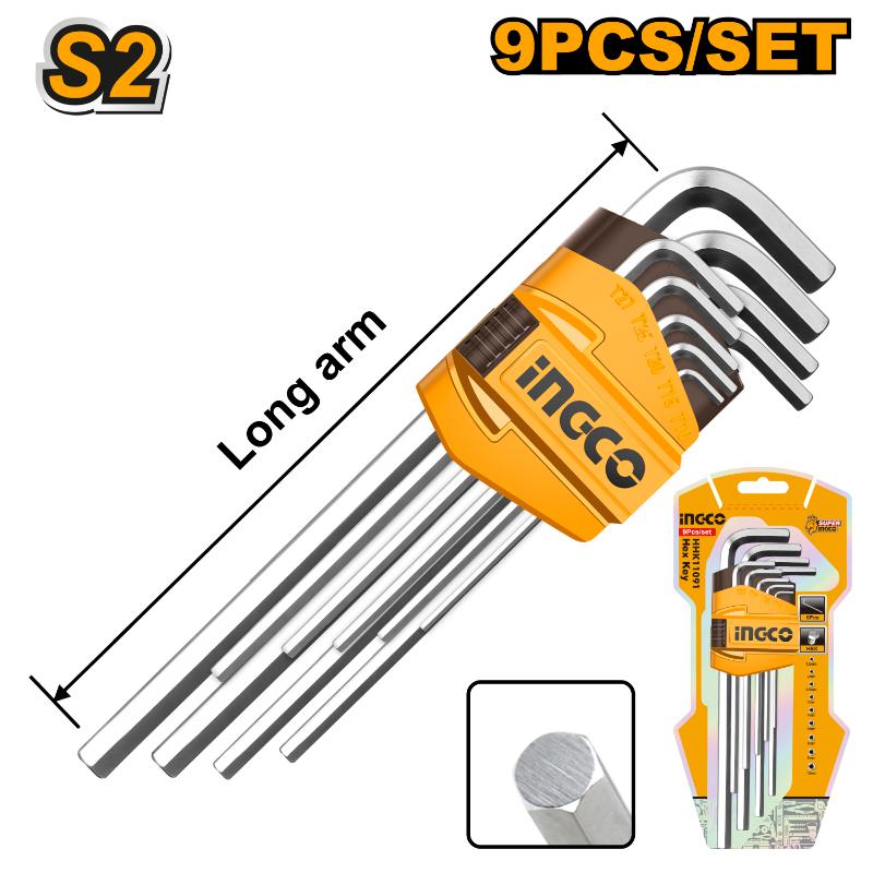 Set of Allen wrenches with packaging and measurement details on a white background