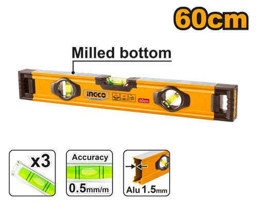 Orange level tool with features highlighted on a white background