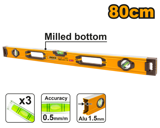 80cm level tool with milled bottom feature and accuracy details on a white background