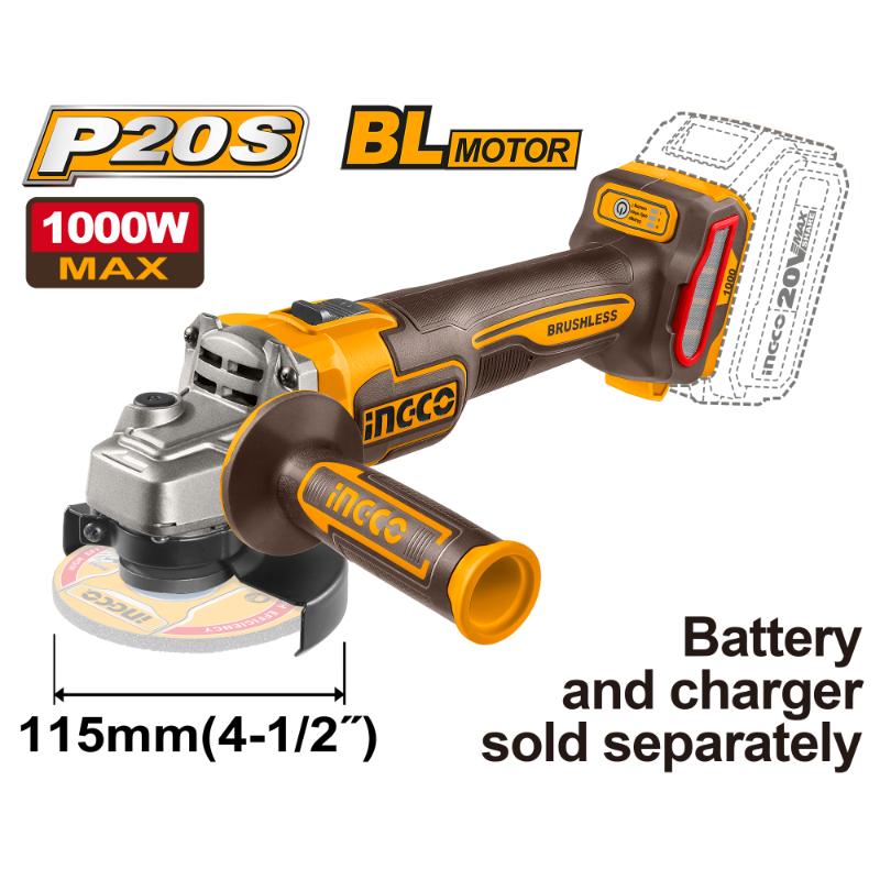 Angle grinder with 'P20S' and 'BL Motor' branding on a white background