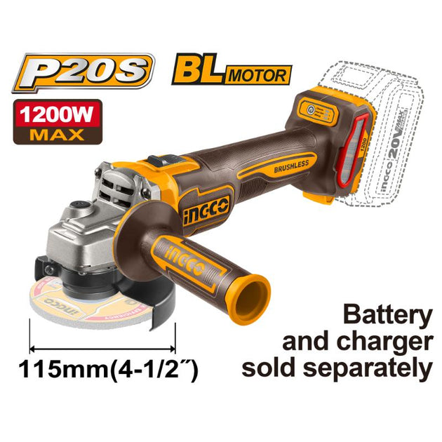 Angle grinder with P20S, BL Motor, and 1200W MAX branding on a white background.