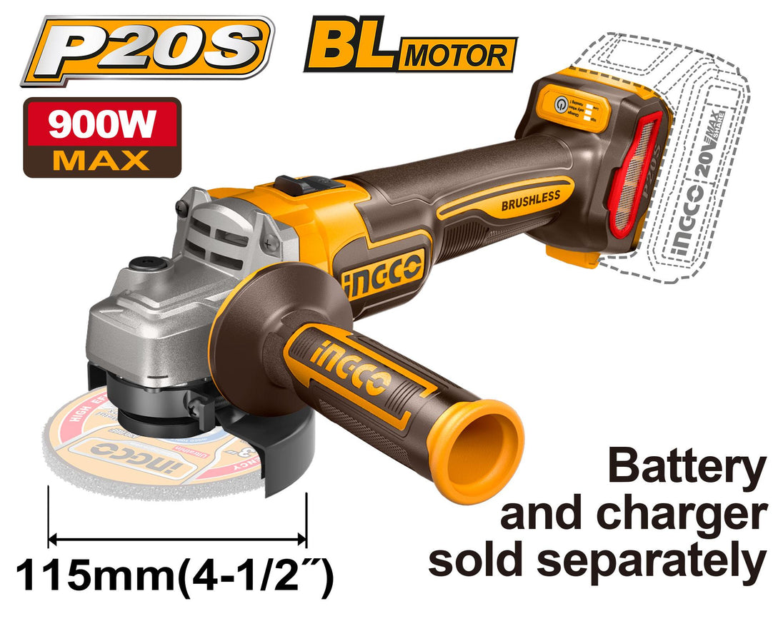 Angle grinder with 'P20S' and 'BL Motor' branding, featuring 900W max power and dimensions.