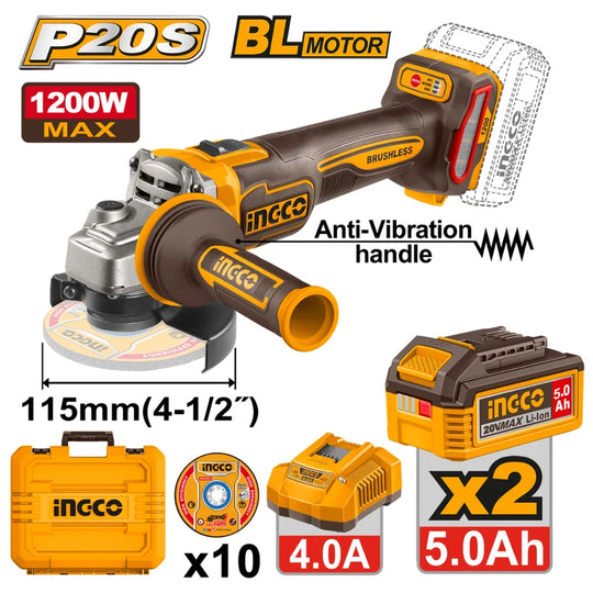 Ingco Angle Grinder 115mm (Kit) [with 5Ah Batteries] CAGLI2120252