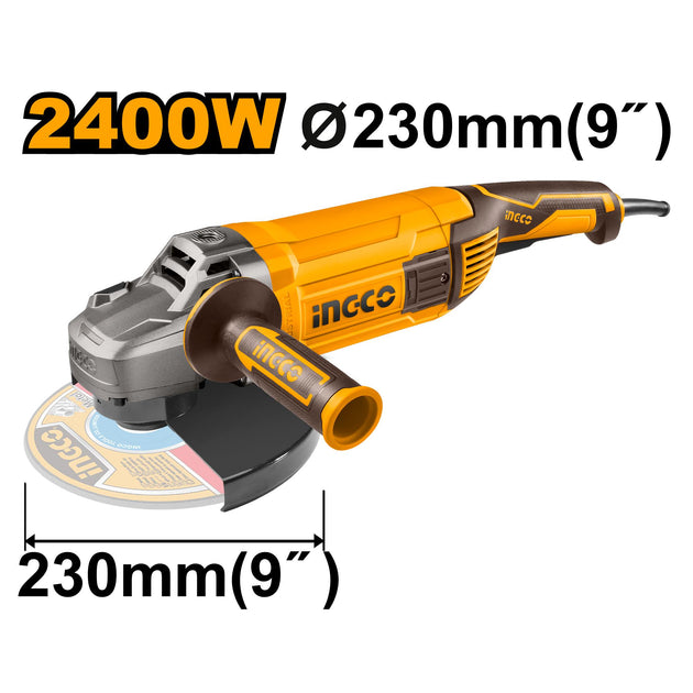Angle grinder with 2400W power and 230mm (9”) disc size on a white background