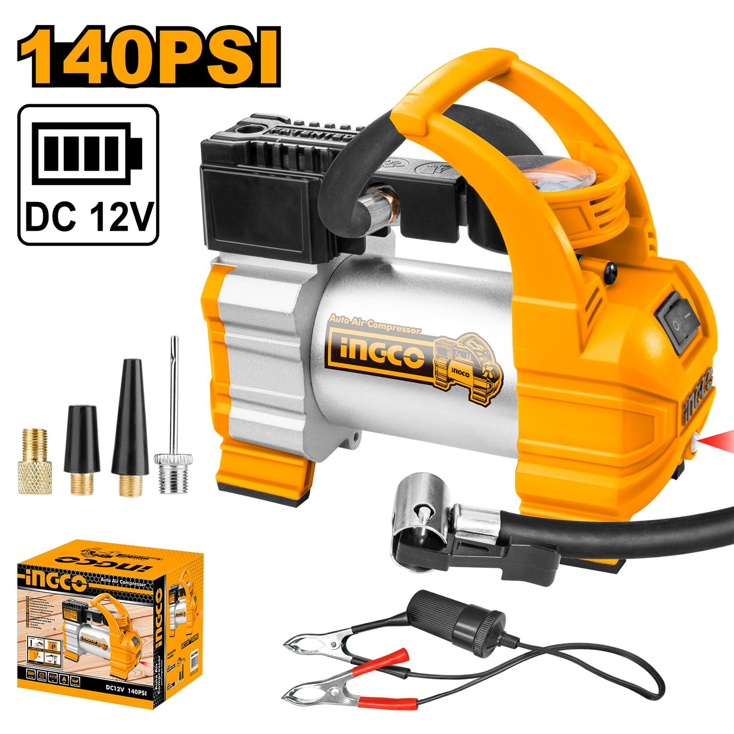 Orange and silver air compressor with accessories on a white background