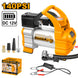 Orange and silver air compressor with accessories on a white background