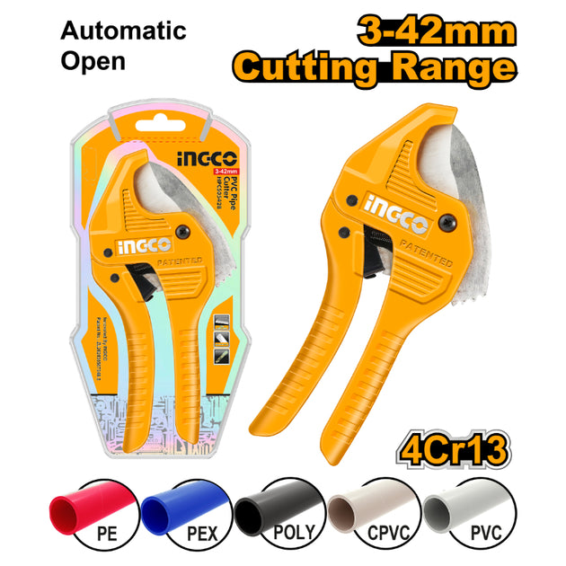 Orange pipe cutter with packaging and cutting range details on a white background