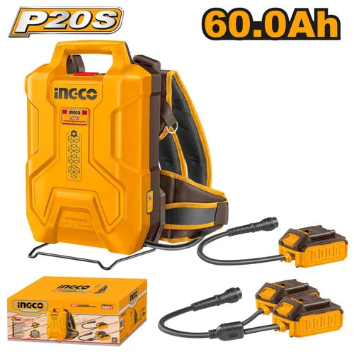 Yellow Incgo power tool backpack with accessories on a white background