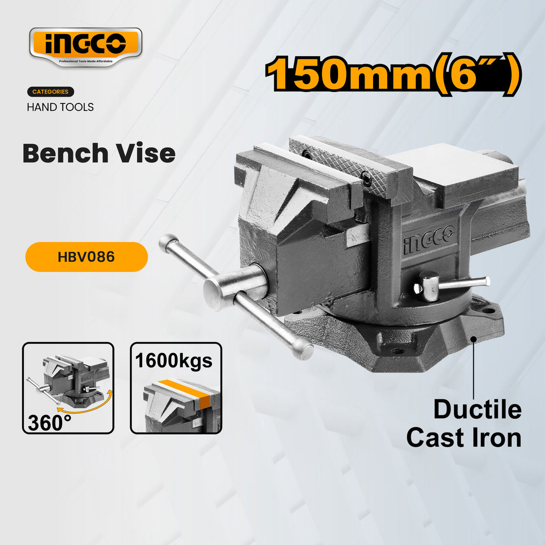 INGCO bench vise with specifications on a light gray background