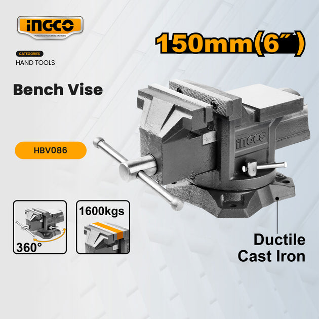 INGCO bench vise with specifications on a light gray background