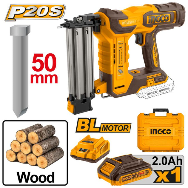 Ingco nail gun with accessories and wood logs on a white background