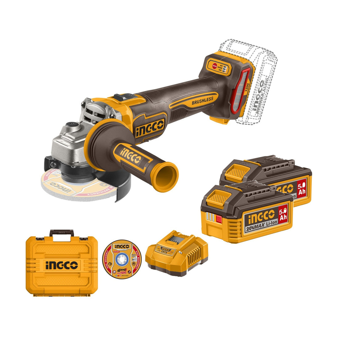 Ingco 1200W Angle Grinder 115mm (Kit) [with 5Ah Batteries] CAGLI2120252
