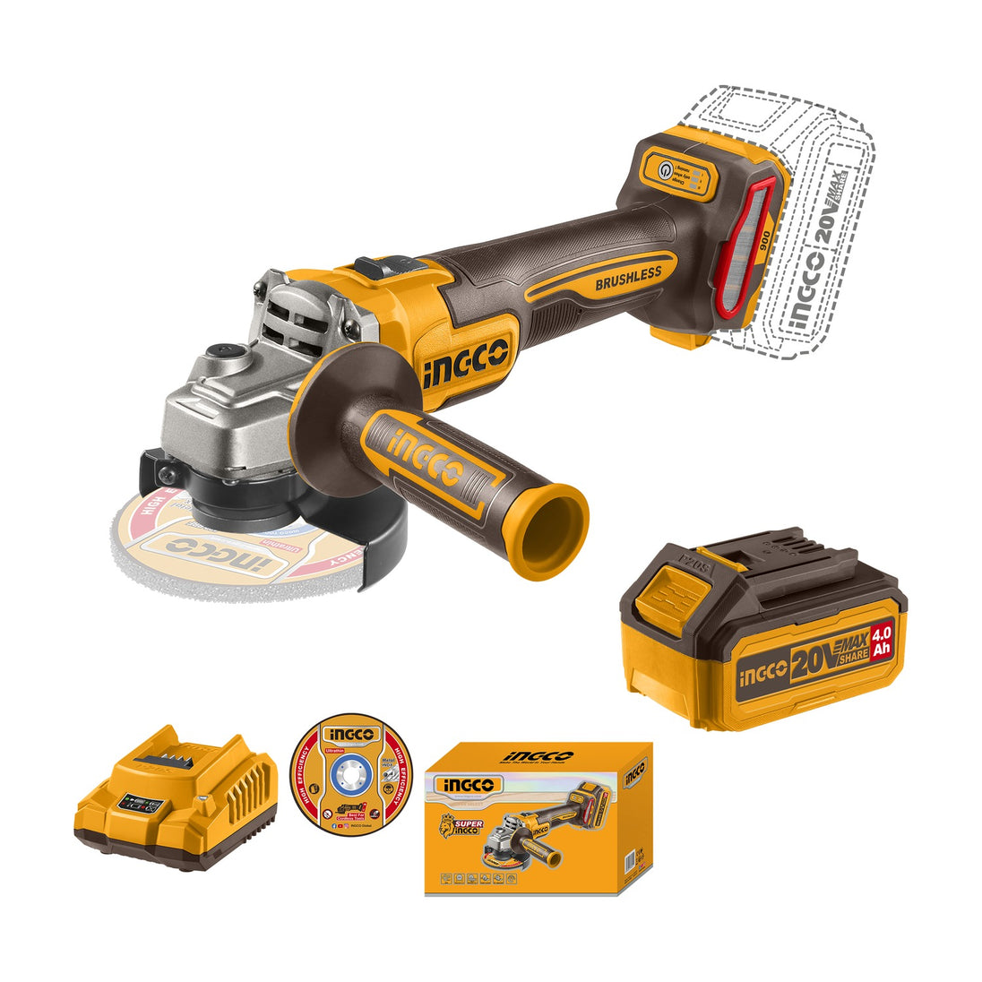 Ingco Grinder 115mm 900W B/Less Kit CAGLI261521