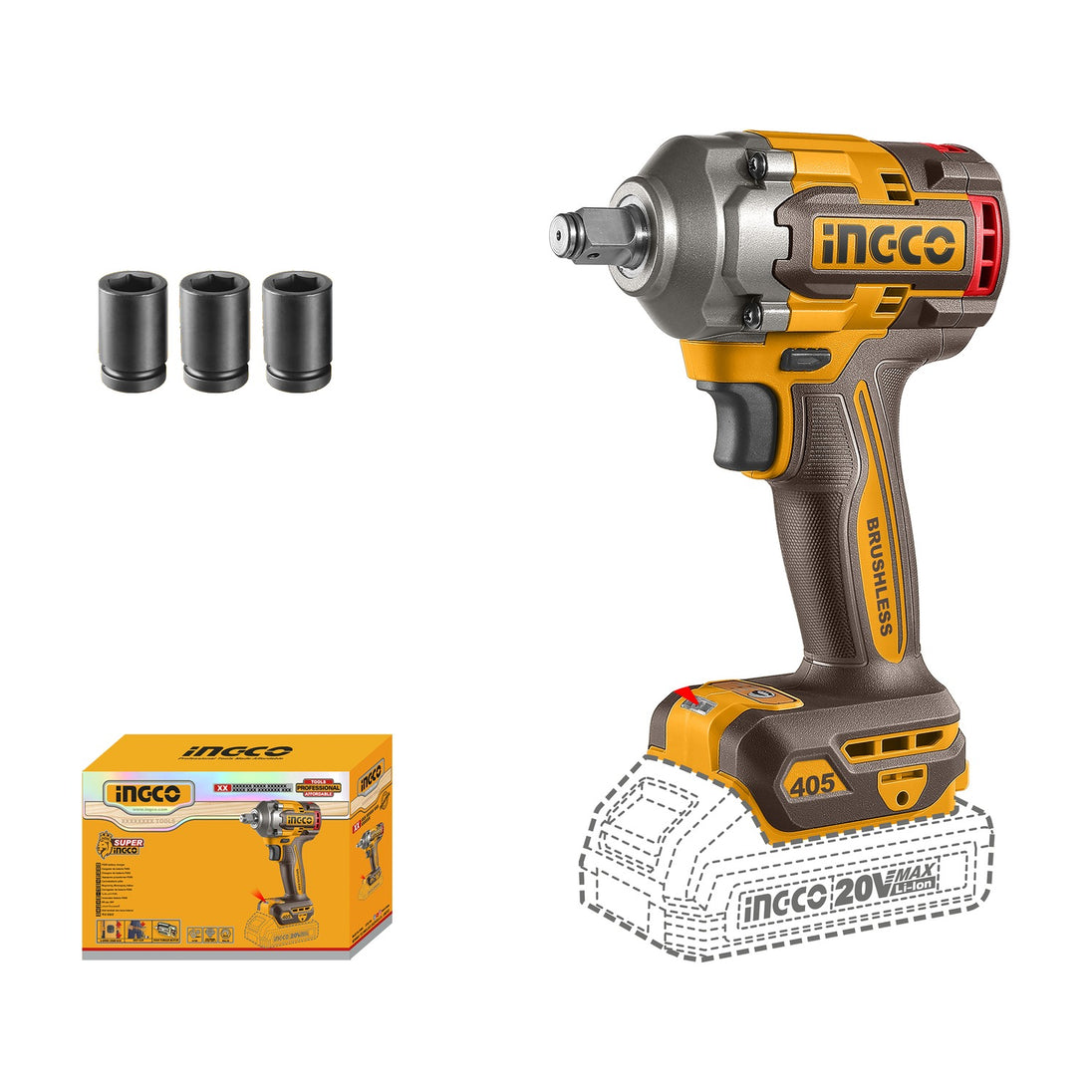 Ingco Impact Wrench 405Nm (Tool Only) 1/2" Drive 20V CIWLI20451