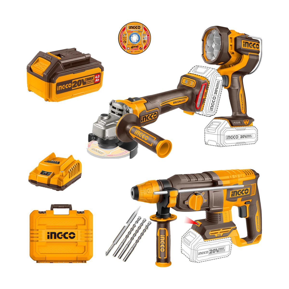 Ingco 3pc Combo (Rotary Drill+Grinder+Lamp) 20V COSLI250183
