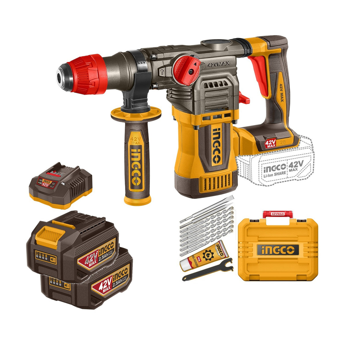 Ingco 42V Max Rotary Hammer Drill Kit  28mm 900RPM CRHLI422882