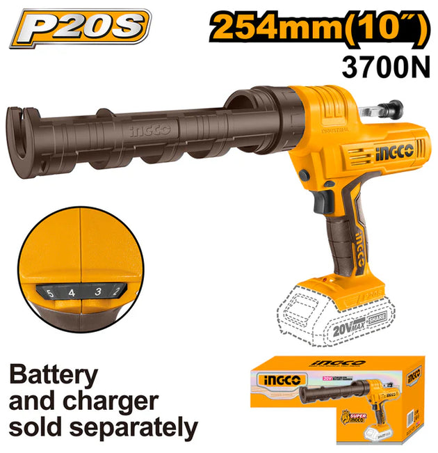 Inccoo P20S caulk gun with accessories and packaging on a white background