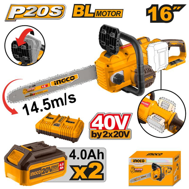 Ingco chainsaw with battery and charger on a white background