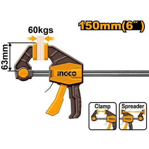 Orange and black clamp with measurement details and 'ingo' branding on a white background