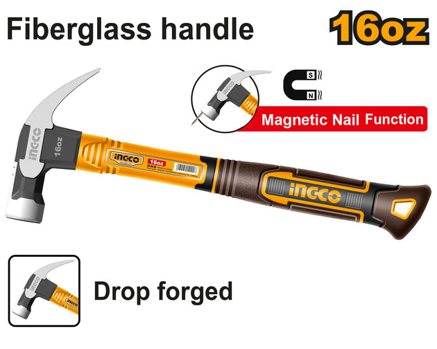 Hammer with fiberglass handle and magnetic nail function on a white background