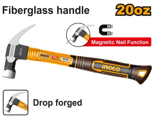 Hammer with fiberglass handle and magnetic nail function on a white background