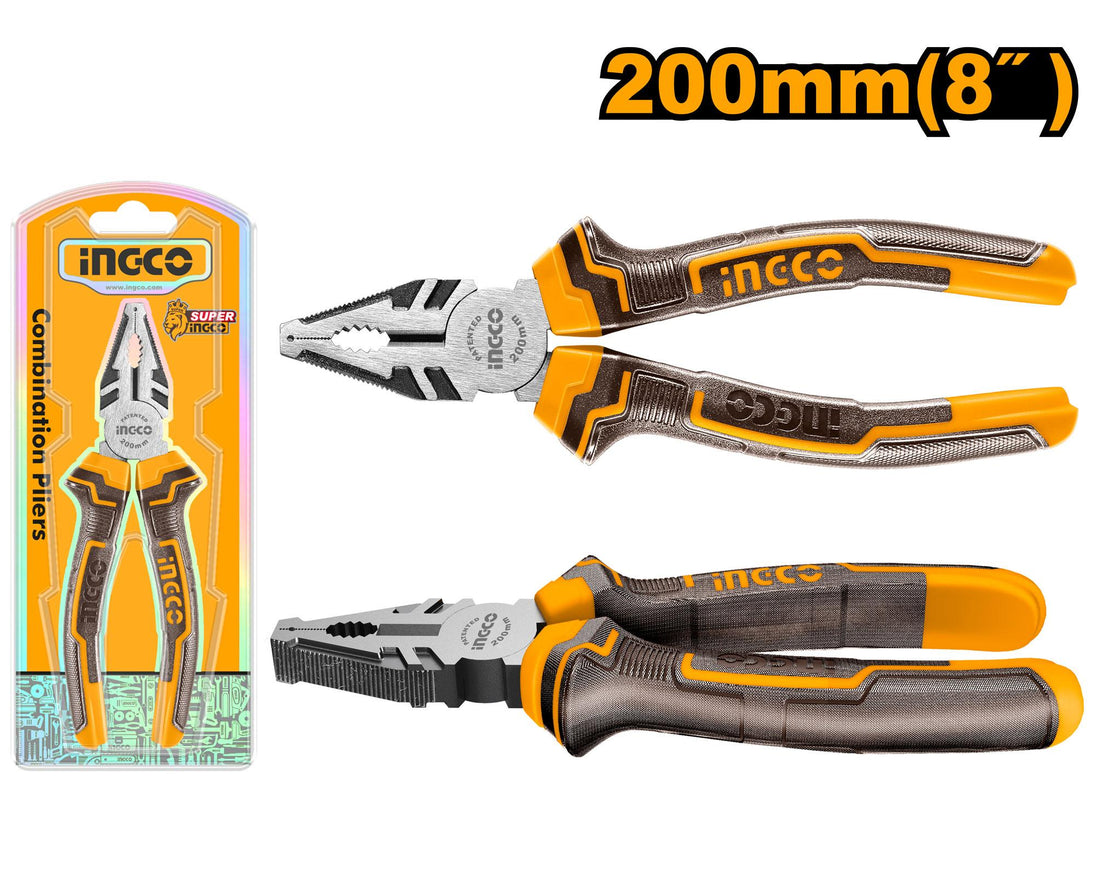 Pair of Ingco combination pliers with packaging on a white background