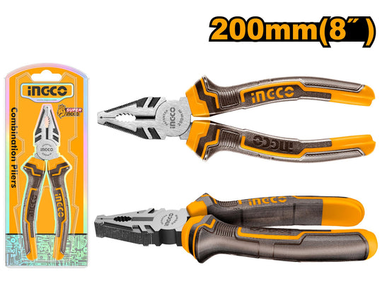 Pair of Ingco combination pliers with packaging on a white background