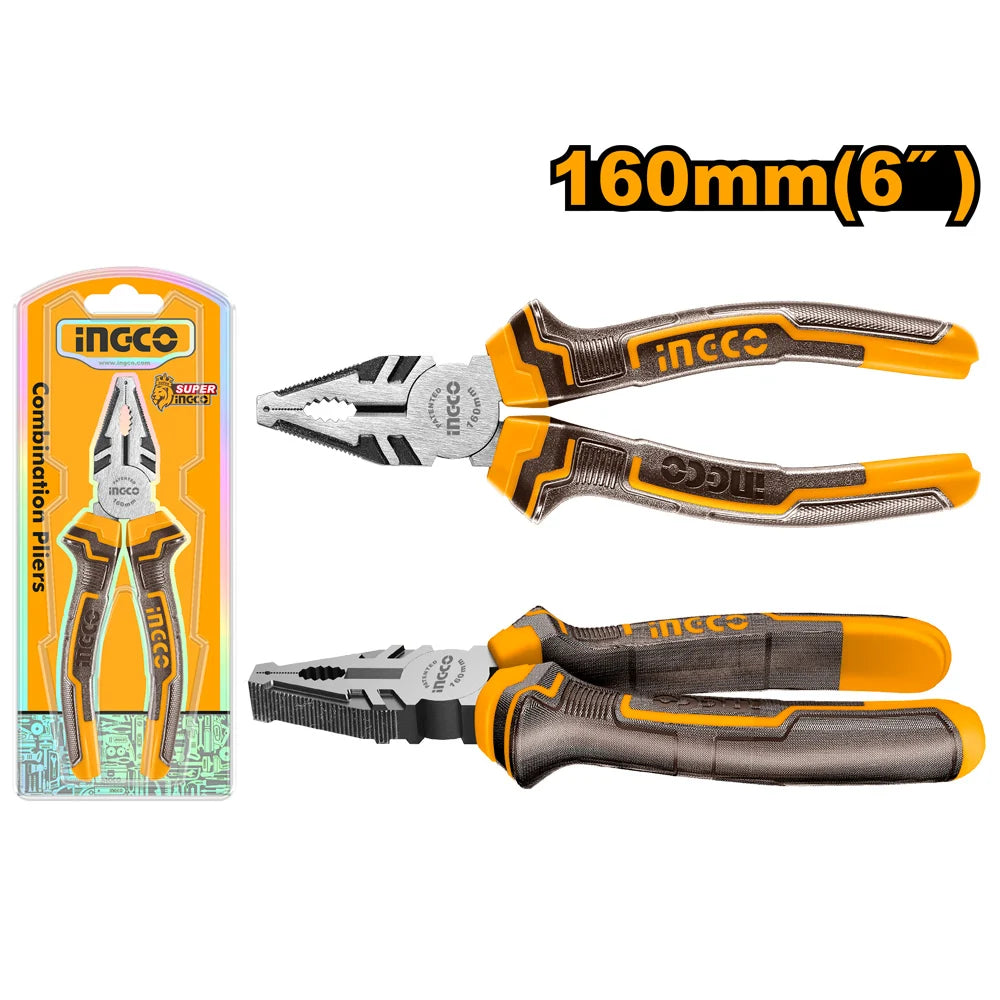 INGCO pliers with packaging and measurement details on a white background