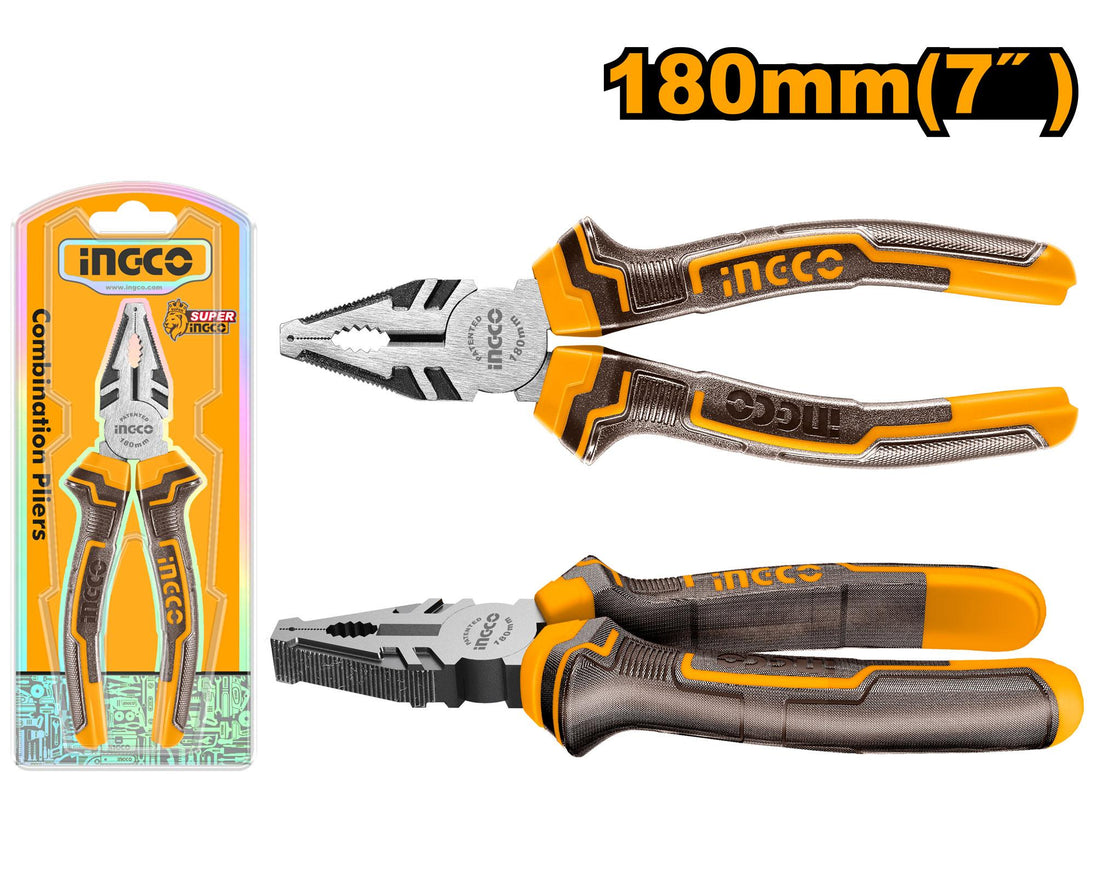 Pair of Ingco combination pliers with packaging on a white background