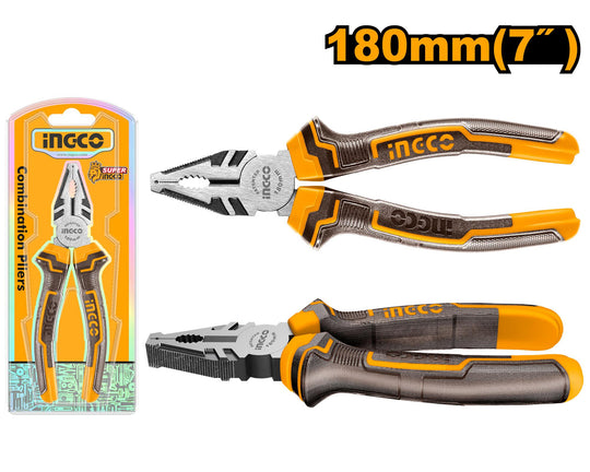 Pair of Ingco combination pliers with packaging on a white background