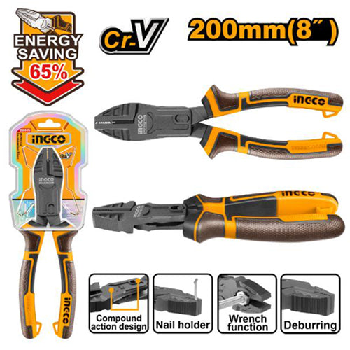 Set of INGCO pliers with packaging, featuring energy saving label and product details.