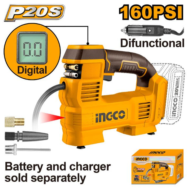 Orange and black INGCO air compressor with digital display and accessories on a white background