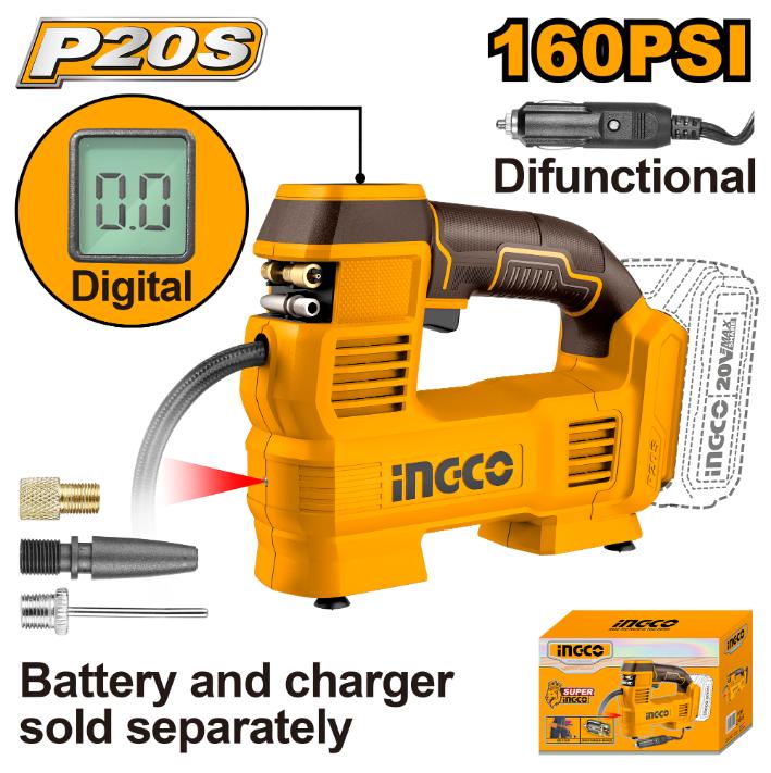 Orange and black INGCO air compressor with digital display and accessories on a white background