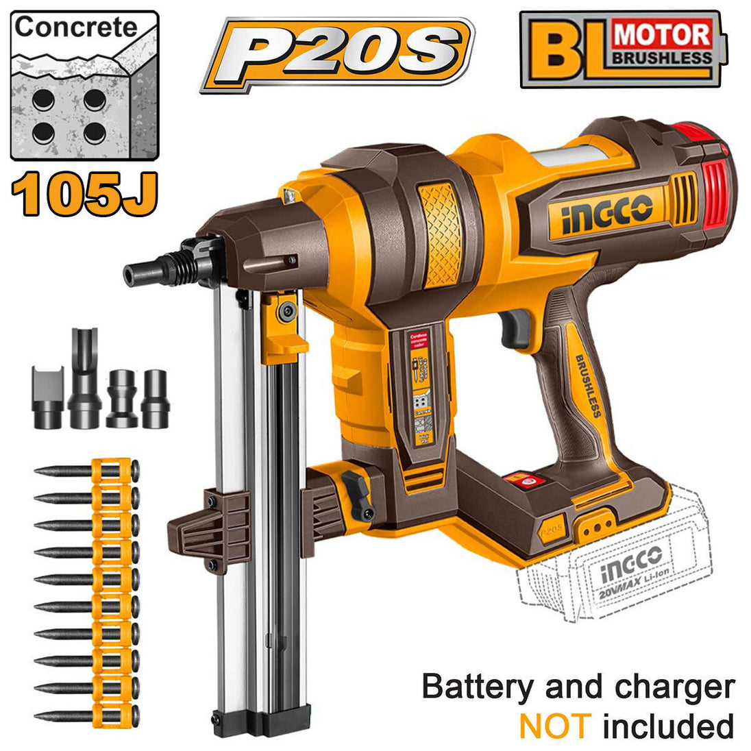 Ingco nail gun with accessories on a white background